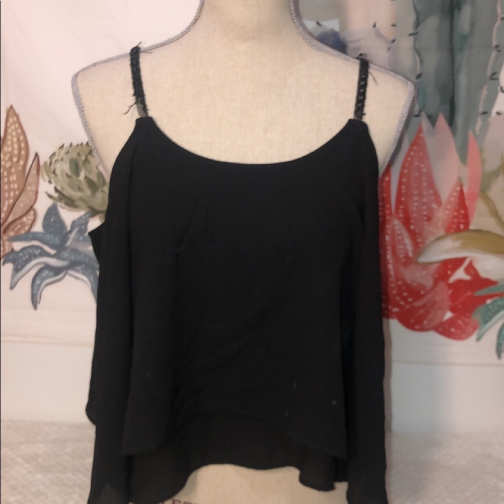 Beaded Strap Flowy Tank Top w/Off Shoulder Sleeve